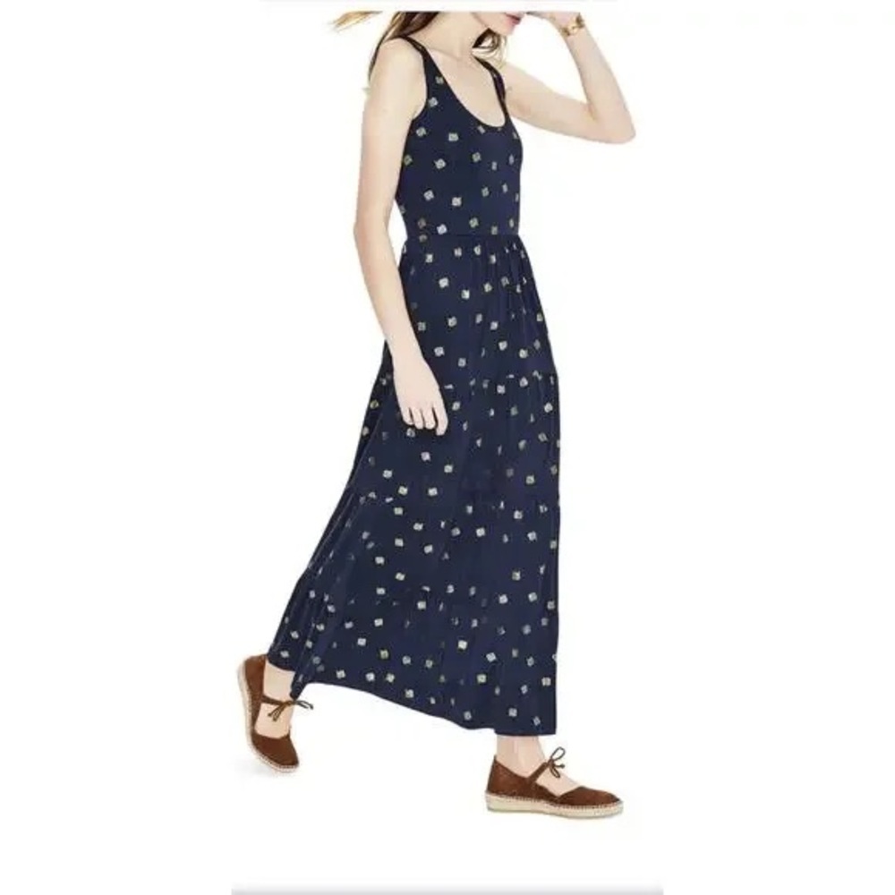 Boden Maya Maxi Dress Navy Jersey Knit Sleeveless Tiered Gold Foil Size 18